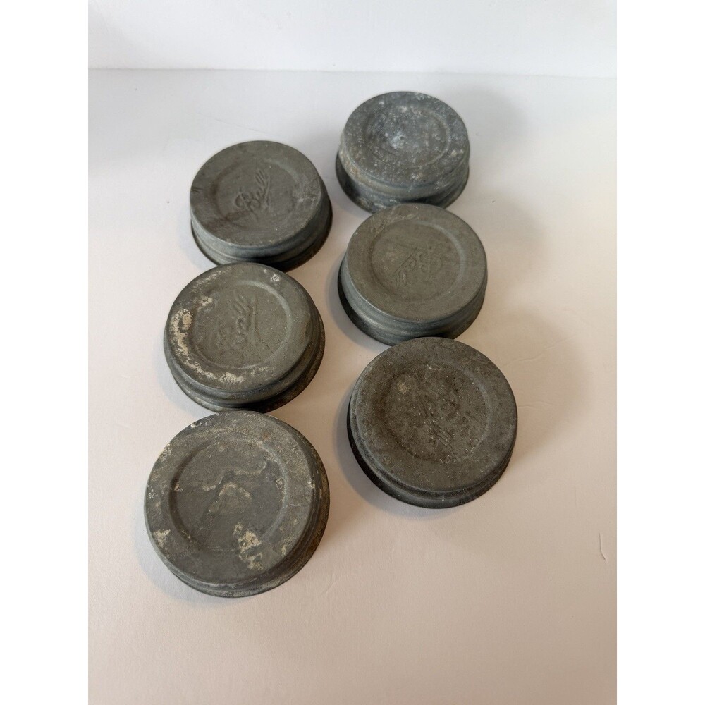 Lot 6 Vintage Zinc Mason Jar Lids Milk Glass Insert Ball Canning Caps Farmhouse